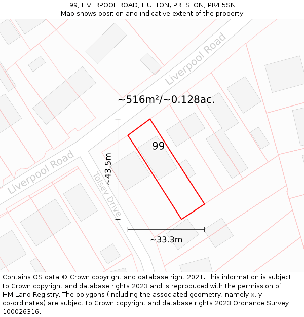 99, LIVERPOOL ROAD, HUTTON, PRESTON, PR4 5SN: Plot and title map