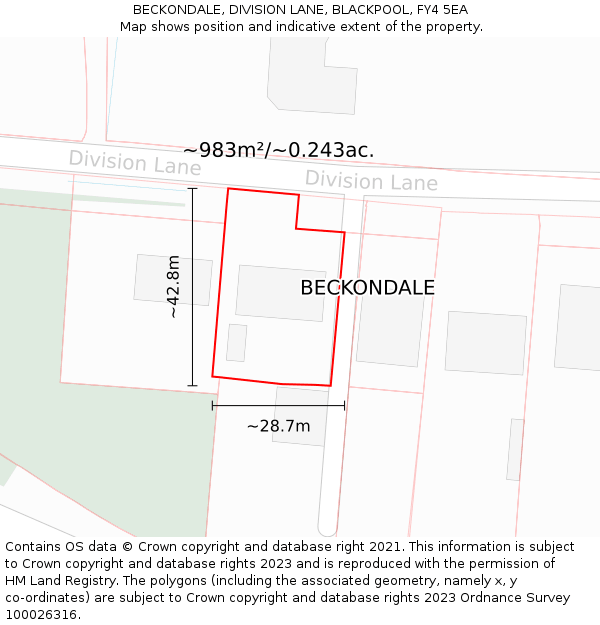 BECKONDALE, DIVISION LANE, BLACKPOOL, FY4 5EA: Plot and title map