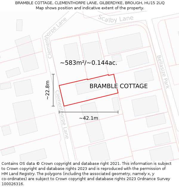 BRAMBLE COTTAGE, CLEMENTHORPE LANE, GILBERDYKE, BROUGH, HU15 2UQ: Plot and title map