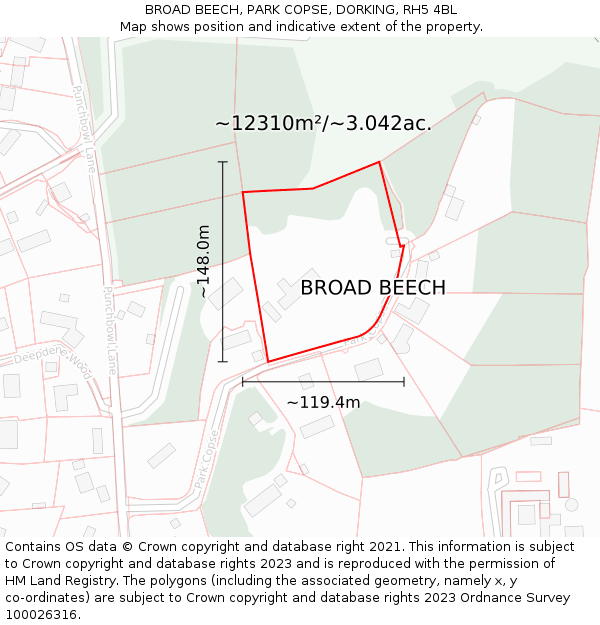 BROAD BEECH, PARK COPSE, DORKING, RH5 4BL: Plot and title map