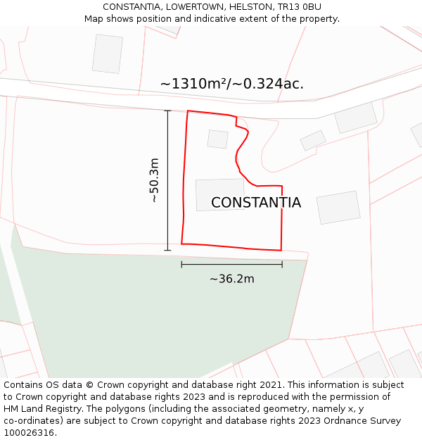 CONSTANTIA, LOWERTOWN, HELSTON, TR13 0BU: Plot and title map