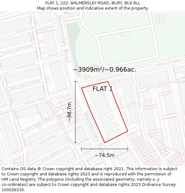 FLAT 1, 222, WALMERSLEY ROAD, BURY, BL9 6LL: Plot and title map