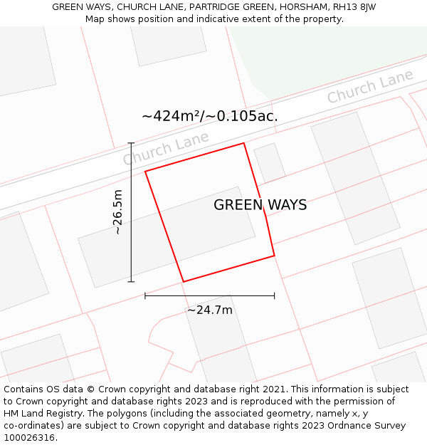 GREEN WAYS, CHURCH LANE, PARTRIDGE GREEN, HORSHAM, RH13 8JW: Plot and title map