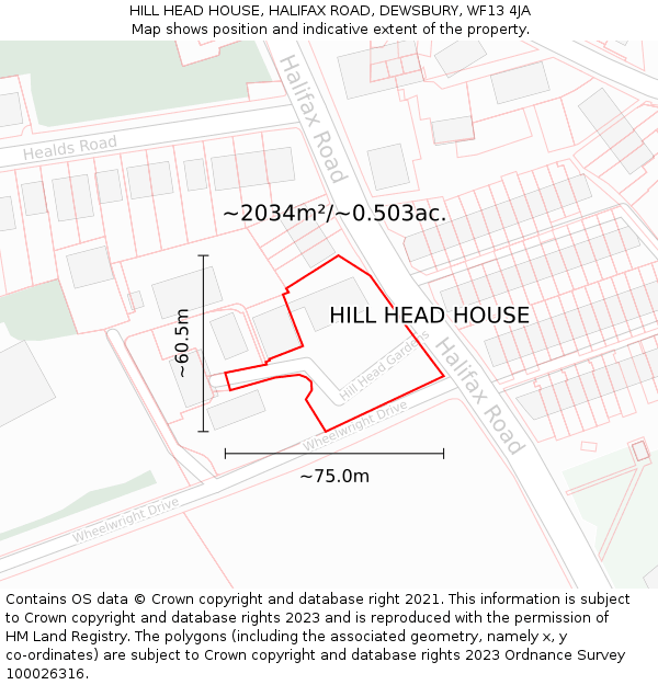 HILL HEAD HOUSE, HALIFAX ROAD, DEWSBURY, WF13 4JA: Plot and title map