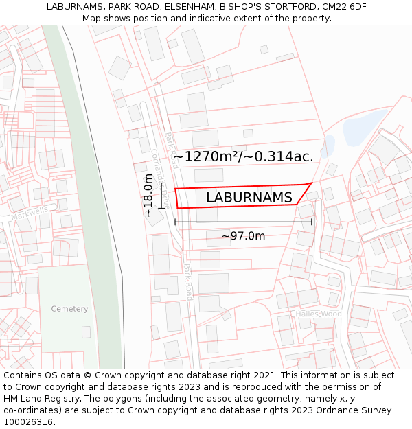 LABURNAMS, PARK ROAD, ELSENHAM, BISHOP'S STORTFORD, CM22 6DF: Plot and title map