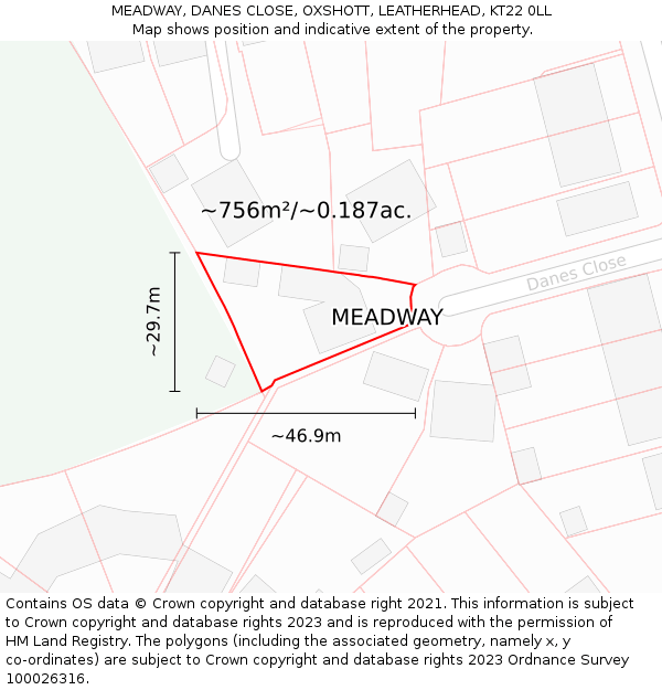 MEADWAY, DANES CLOSE, OXSHOTT, LEATHERHEAD, KT22 0LL: Plot and title map