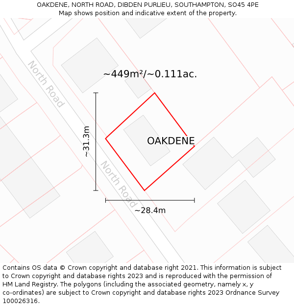 OAKDENE, NORTH ROAD, DIBDEN PURLIEU, SOUTHAMPTON, SO45 4PE: Plot and title map