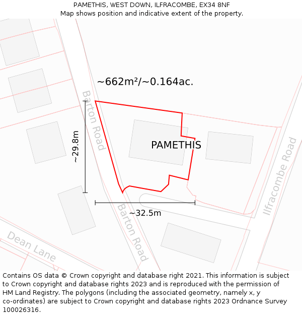 PAMETHIS, WEST DOWN, ILFRACOMBE, EX34 8NF: Plot and title map