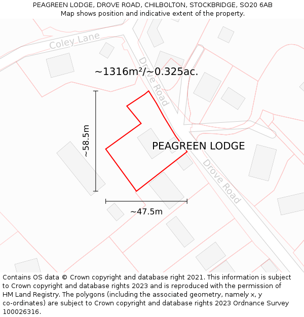 PEAGREEN LODGE, DROVE ROAD, CHILBOLTON, STOCKBRIDGE, SO20 6AB: Plot and title map