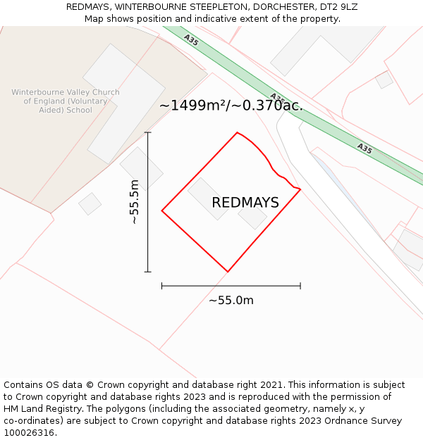 REDMAYS, WINTERBOURNE STEEPLETON, DORCHESTER, DT2 9LZ: Plot and title map