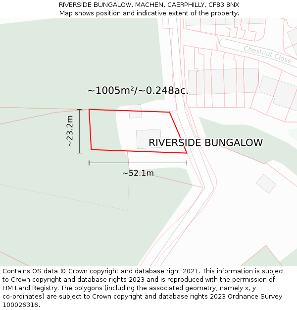 RIVERSIDE BUNGALOW, MACHEN, CAERPHILLY, CF83 8NX: Plot and title map