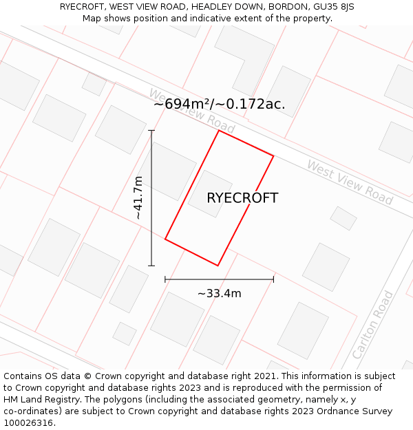RYECROFT, WEST VIEW ROAD, HEADLEY DOWN, BORDON, GU35 8JS: Plot and title map