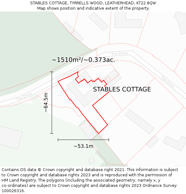 STABLES COTTAGE, TYRRELLS WOOD, LEATHERHEAD, KT22 8QW: Plot and title map