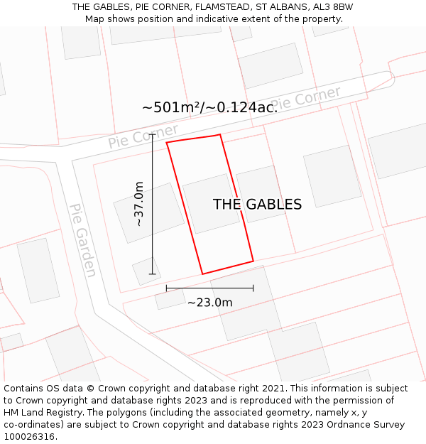THE GABLES, PIE CORNER, FLAMSTEAD, ST ALBANS, AL3 8BW: Plot and title map