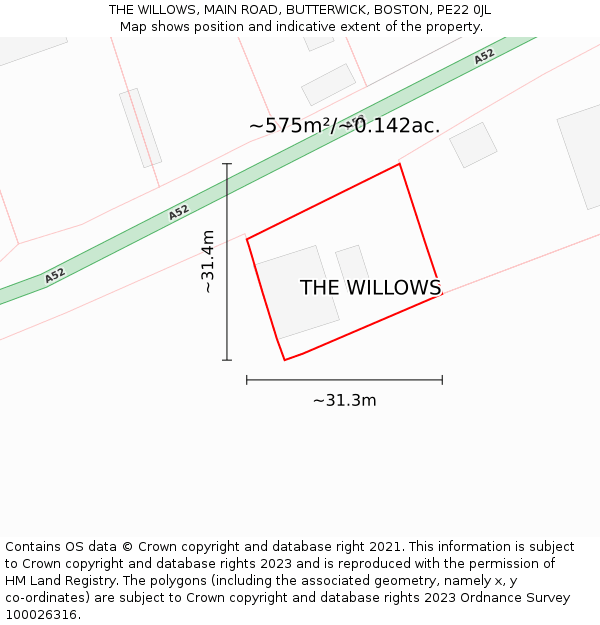 THE WILLOWS, MAIN ROAD, BUTTERWICK, BOSTON, PE22 0JL: Plot and title map