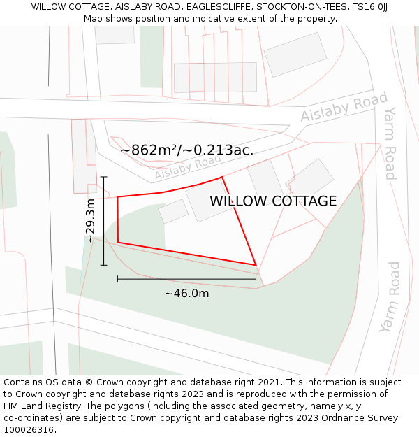 WILLOW COTTAGE, AISLABY ROAD, EAGLESCLIFFE, STOCKTON-ON-TEES, TS16 0JJ: Plot and title map