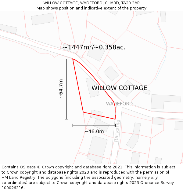 WILLOW COTTAGE, WADEFORD, CHARD, TA20 3AP: Plot and title map