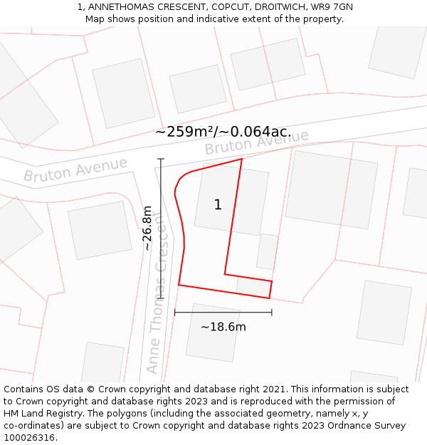 1, ANNETHOMAS CRESCENT, COPCUT, DROITWICH, WR9 7GN: Plot and title map