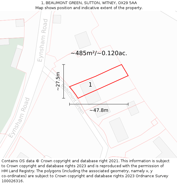 1, BEAUMONT GREEN, SUTTON, WITNEY, OX29 5AA: Plot and title map