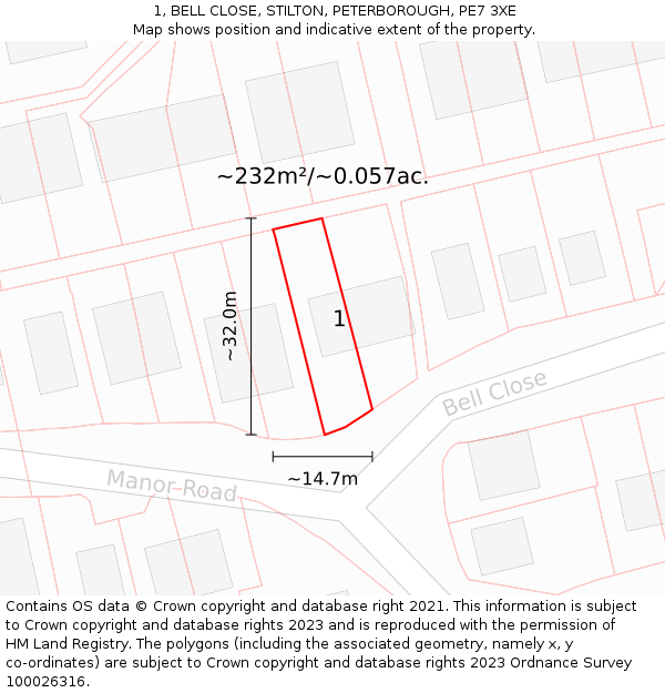 1, BELL CLOSE, STILTON, PETERBOROUGH, PE7 3XE: Plot and title map