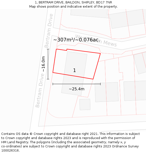 1, BERTRAM DRIVE, BAILDON, SHIPLEY, BD17 7NR: Plot and title map