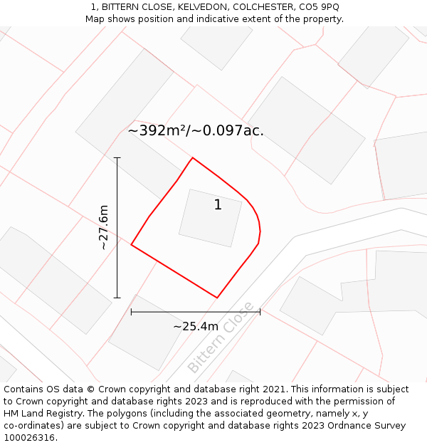 1, BITTERN CLOSE, KELVEDON, COLCHESTER, CO5 9PQ: Plot and title map