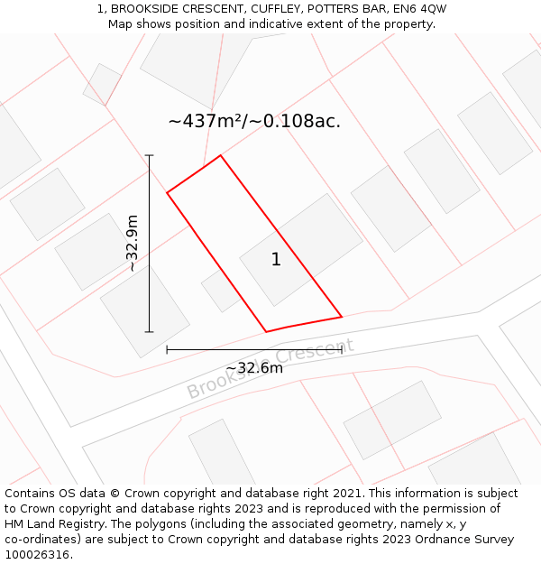 1, BROOKSIDE CRESCENT, CUFFLEY, POTTERS BAR, EN6 4QW: Plot and title map