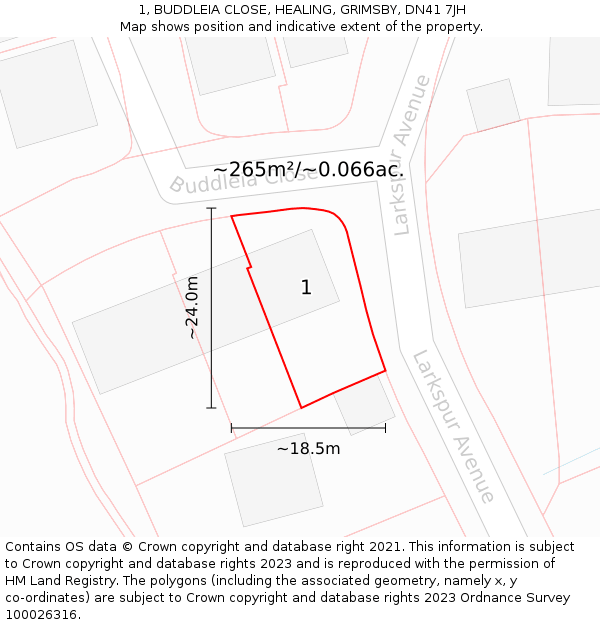 1, BUDDLEIA CLOSE, HEALING, GRIMSBY, DN41 7JH: Plot and title map