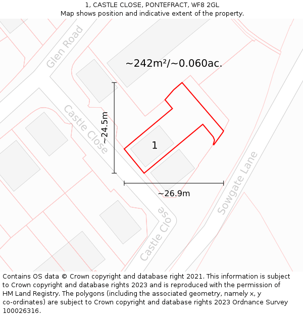 1, CASTLE CLOSE, PONTEFRACT, WF8 2GL: Plot and title map