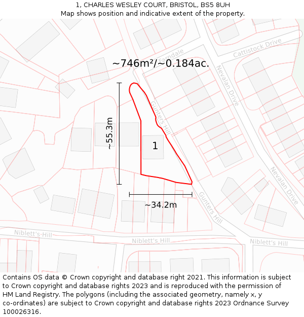 1, CHARLES WESLEY COURT, BRISTOL, BS5 8UH: Plot and title map