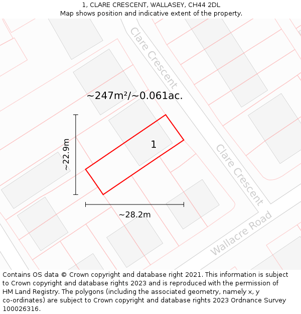 1, CLARE CRESCENT, WALLASEY, CH44 2DL: Plot and title map