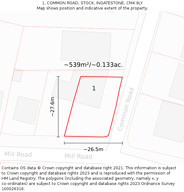 1, COMMON ROAD, STOCK, INGATESTONE, CM4 9LY: Plot and title map