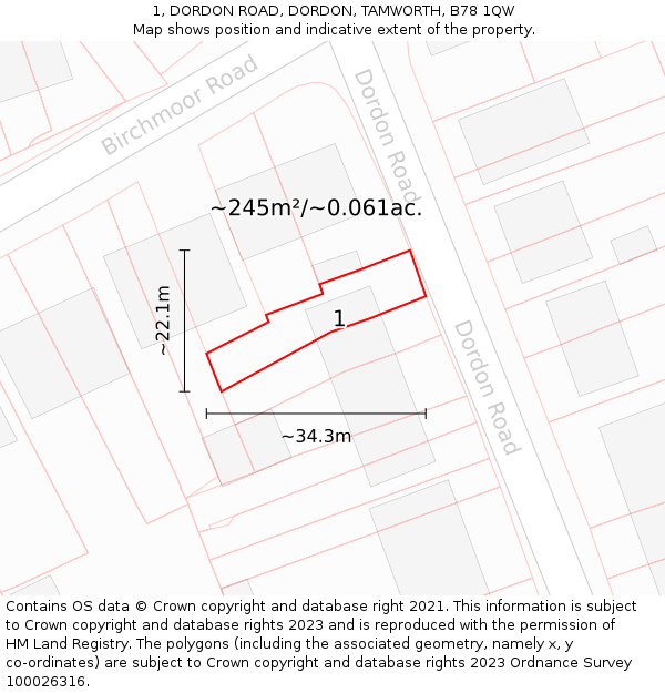 1, DORDON ROAD, DORDON, TAMWORTH, B78 1QW: Plot and title map