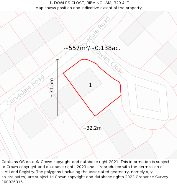 1, DOWLES CLOSE, BIRMINGHAM, B29 4LE: Plot and title map