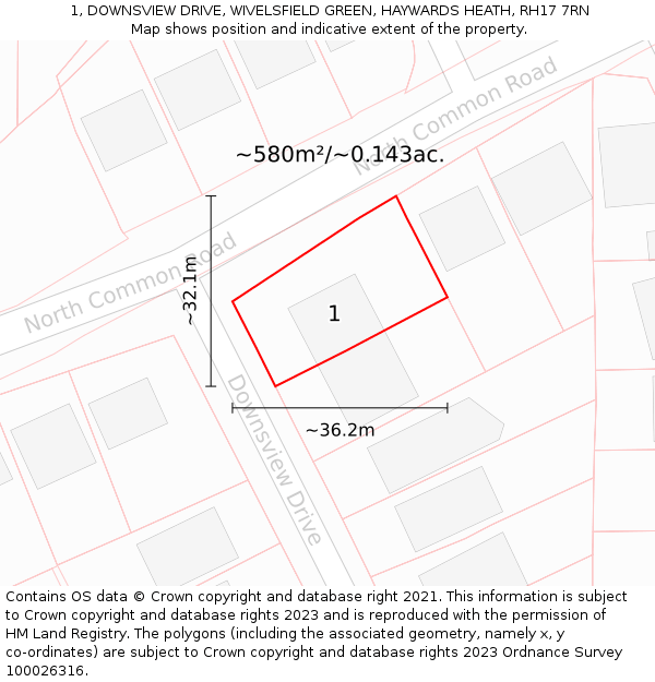 1, DOWNSVIEW DRIVE, WIVELSFIELD GREEN, HAYWARDS HEATH, RH17 7RN: Plot and title map