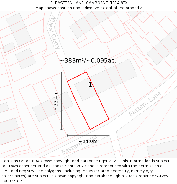 1, EASTERN LANE, CAMBORNE, TR14 8TX: Plot and title map
