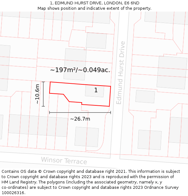 1, EDMUND HURST DRIVE, LONDON, E6 6ND: Plot and title map