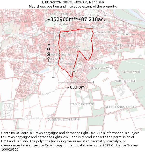 1, ELVASTON DRIVE, HEXHAM, NE46 2HP: Plot and title map