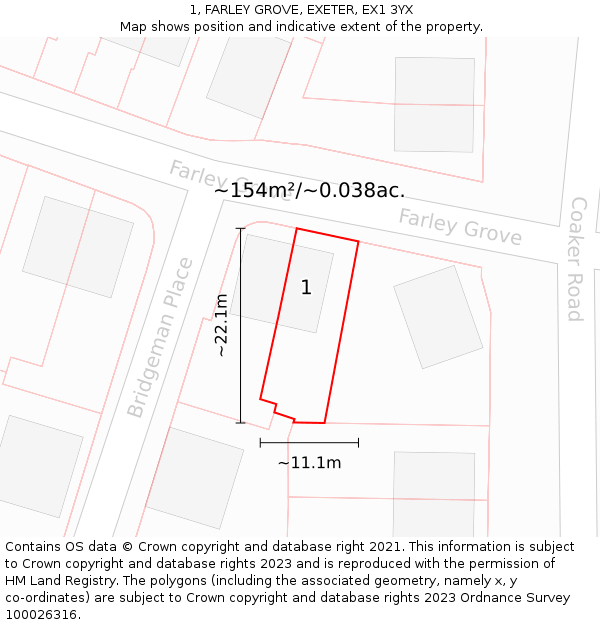 1, FARLEY GROVE, EXETER, EX1 3YX: Plot and title map