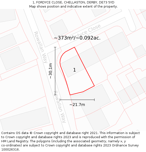 1, FORDYCE CLOSE, CHELLASTON, DERBY, DE73 5YD: Plot and title map