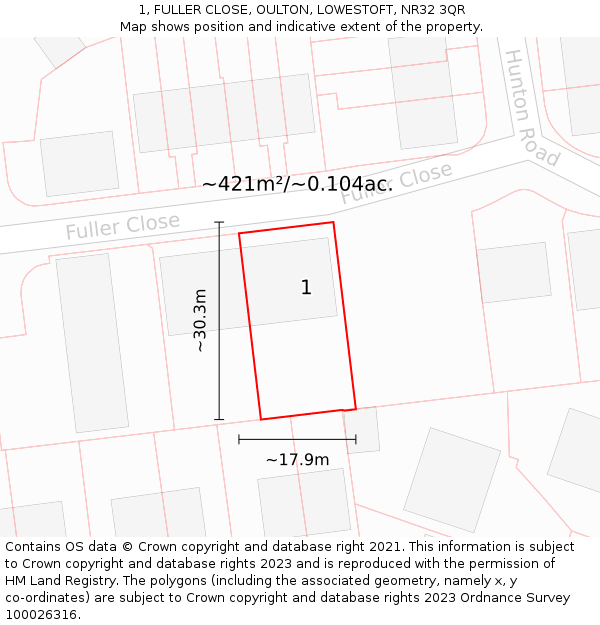 1, FULLER CLOSE, OULTON, LOWESTOFT, NR32 3QR: Plot and title map