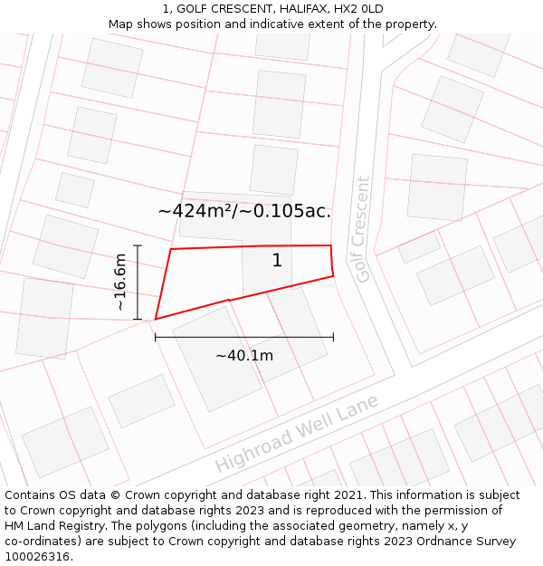 1, GOLF CRESCENT, HALIFAX, HX2 0LD: Plot and title map