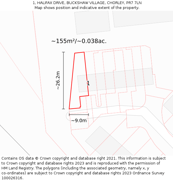 1, HALIFAX DRIVE, BUCKSHAW VILLAGE, CHORLEY, PR7 7LN: Plot and title map