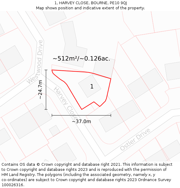 1, HARVEY CLOSE, BOURNE, PE10 9QJ: Plot and title map