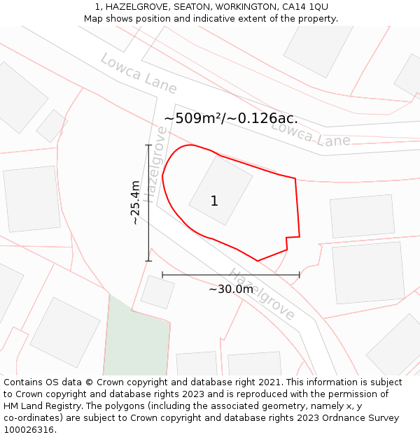 1, HAZELGROVE, SEATON, WORKINGTON, CA14 1QU: Plot and title map