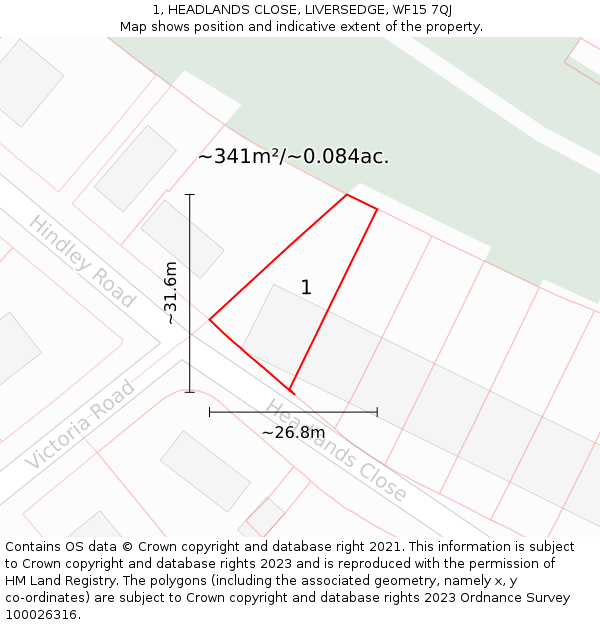 1, HEADLANDS CLOSE, LIVERSEDGE, WF15 7QJ: Plot and title map