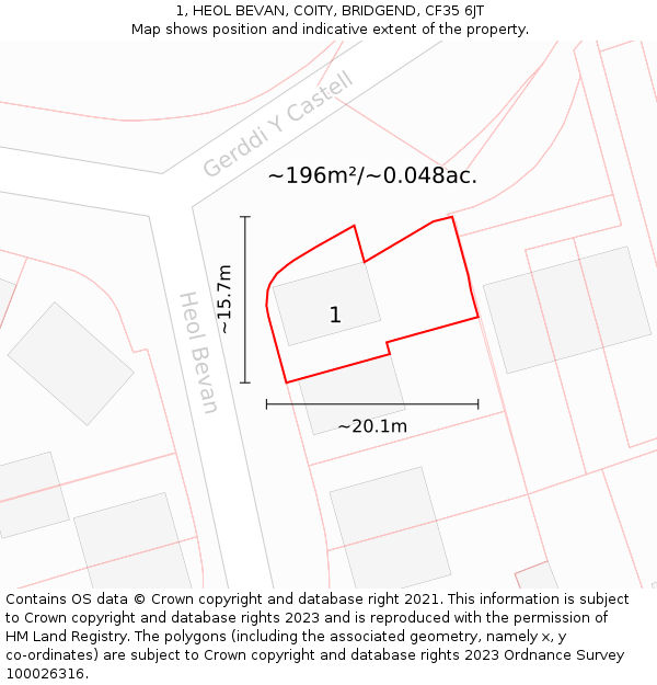 1, HEOL BEVAN, COITY, BRIDGEND, CF35 6JT: Plot and title map
