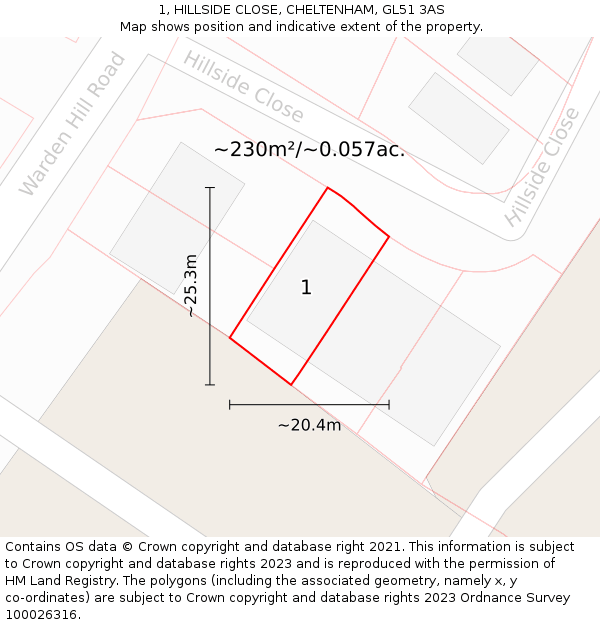 1, HILLSIDE CLOSE, CHELTENHAM, GL51 3AS: Plot and title map