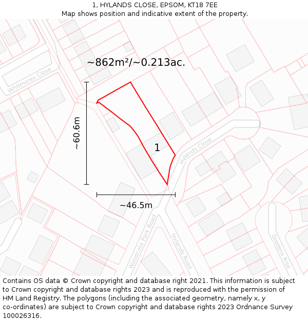 1, HYLANDS CLOSE, EPSOM, KT18 7EE: Plot and title map