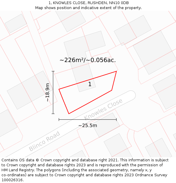1, KNOWLES CLOSE, RUSHDEN, NN10 0DB: Plot and title map